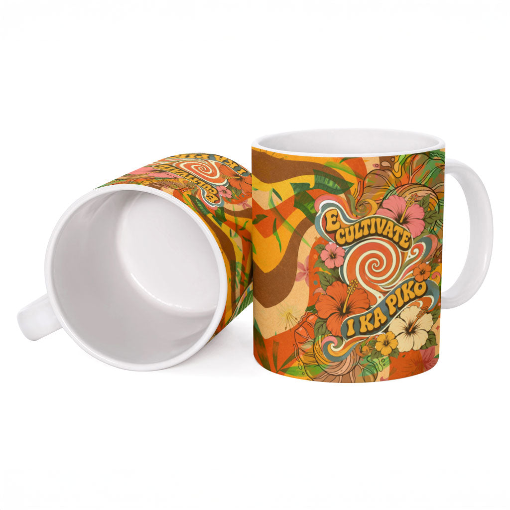 Hawaiian Piko Lani Cultivate I Ka Piko Aloha Ceramic Mug Retro Psychedelic Taro Leaf - Hibiscus Flowers