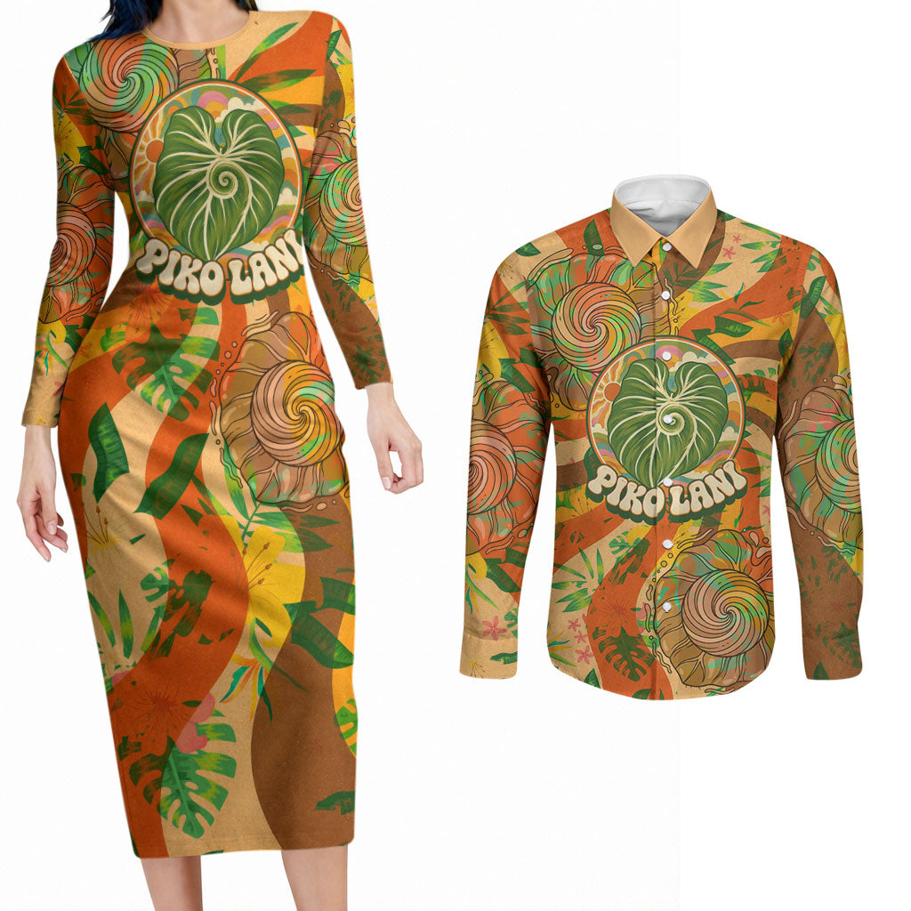 Hawaiian Piko Lani Cultivate I Ka Piko Aloha Couples Matching Long Sleeve Bodycon Dress and Long Sleeve Button Shirt Retro Psychedelic Taro Leaf - Hibiscus Flowers