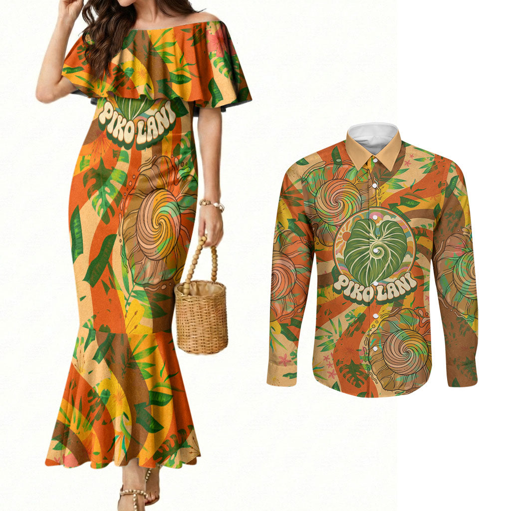 Hawaiian Piko Lani Cultivate I Ka Piko Aloha Couples Matching Mermaid Dress and Long Sleeve Button Shirt Retro Psychedelic Taro Leaf - Hibiscus Flowers