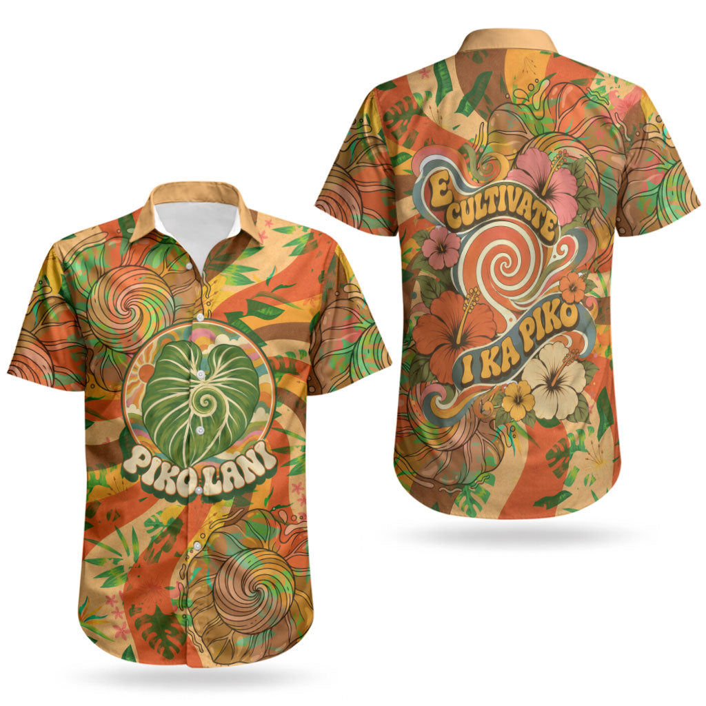 Hawaiian Piko Lani Cultivate I Ka Piko Aloha Couples Matching Off Shoulder Maxi Dress and Hawaiian Shirt Retro Psychedelic Taro Leaf - Hibiscus Flowers