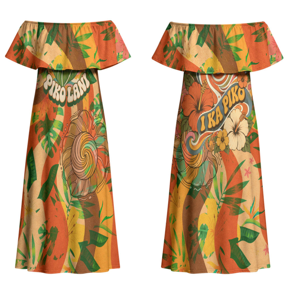 Hawaiian Piko Lani Cultivate I Ka Piko Aloha Couples Matching Off Shoulder Maxi Dress and Hawaiian Shirt Retro Psychedelic Taro Leaf - Hibiscus Flowers