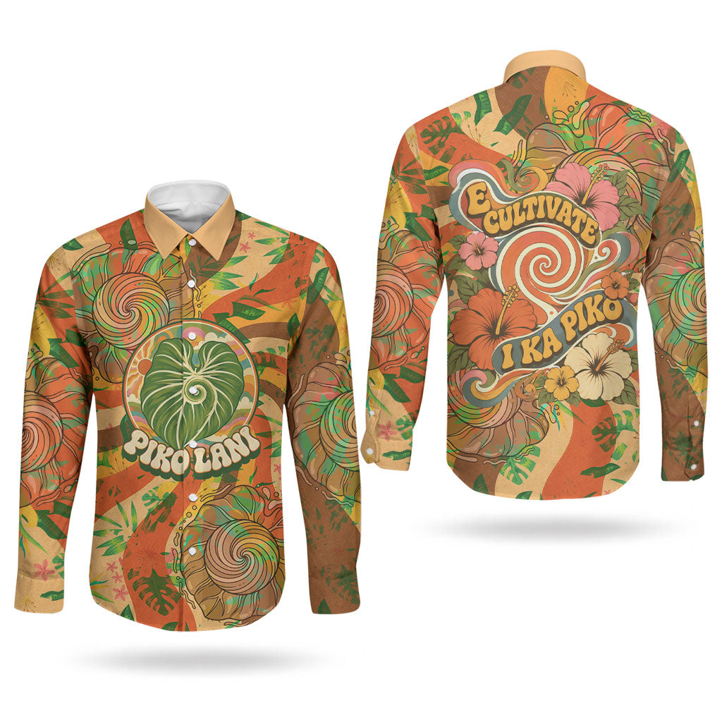Hawaiian Piko Lani Cultivate I Ka Piko Aloha Couples Matching Off Shoulder Maxi Dress and Long Sleeve Button Shirt Retro Psychedelic Taro Leaf - Hibiscus Flowers