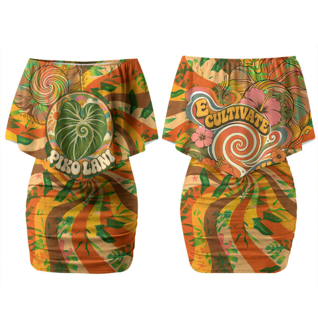 Hawaiian Piko Lani Cultivate I Ka Piko Aloha Couples Matching Off Shoulder Short Dress and Hawaiian Shirt Retro Psychedelic Taro Leaf - Hibiscus Flowers