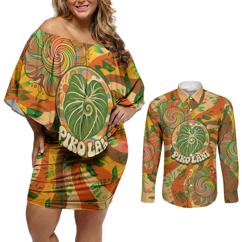 Hawaiian Piko Lani Cultivate I Ka Piko Aloha Couples Matching Off Shoulder Short Dress and Long Sleeve Button Shirt Retro Psychedelic Taro Leaf - Hibiscus Flowers