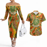 Hawaiian Piko Lani Cultivate I Ka Piko Aloha Couples Matching Off The Shoulder Long Sleeve Dress and Hawaiian Shirt Retro Psychedelic Taro Leaf - Hibiscus Flowers