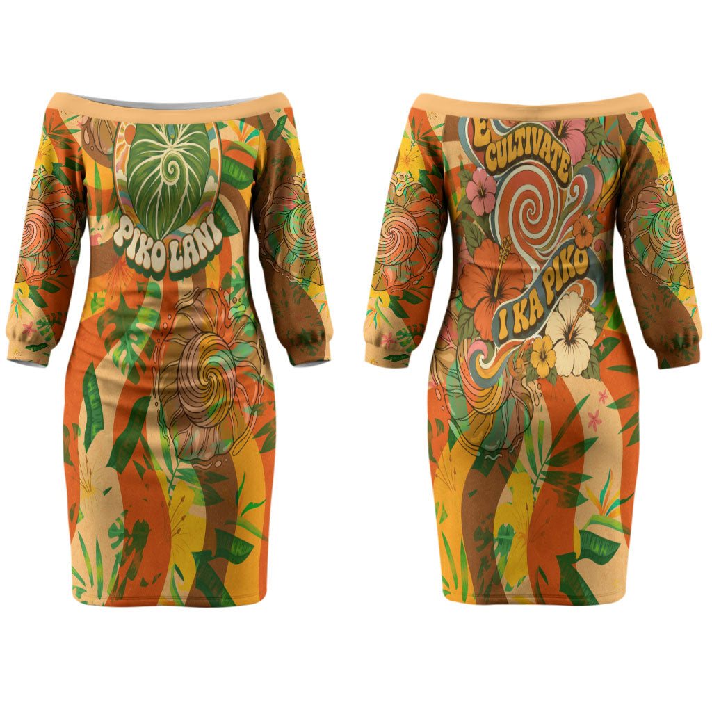 Hawaiian Piko Lani Cultivate I Ka Piko Aloha Couples Matching Off The Shoulder Long Sleeve Dress and Long Sleeve Button Shirt Retro Psychedelic Taro Leaf - Hibiscus Flowers