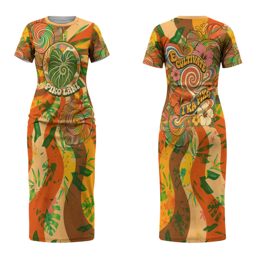 Hawaiian Piko Lani Cultivate I Ka Piko Aloha Couples Matching Short Sleeve Bodycon Dress and Long Sleeve Button Shirt Retro Psychedelic Taro Leaf - Hibiscus Flowers