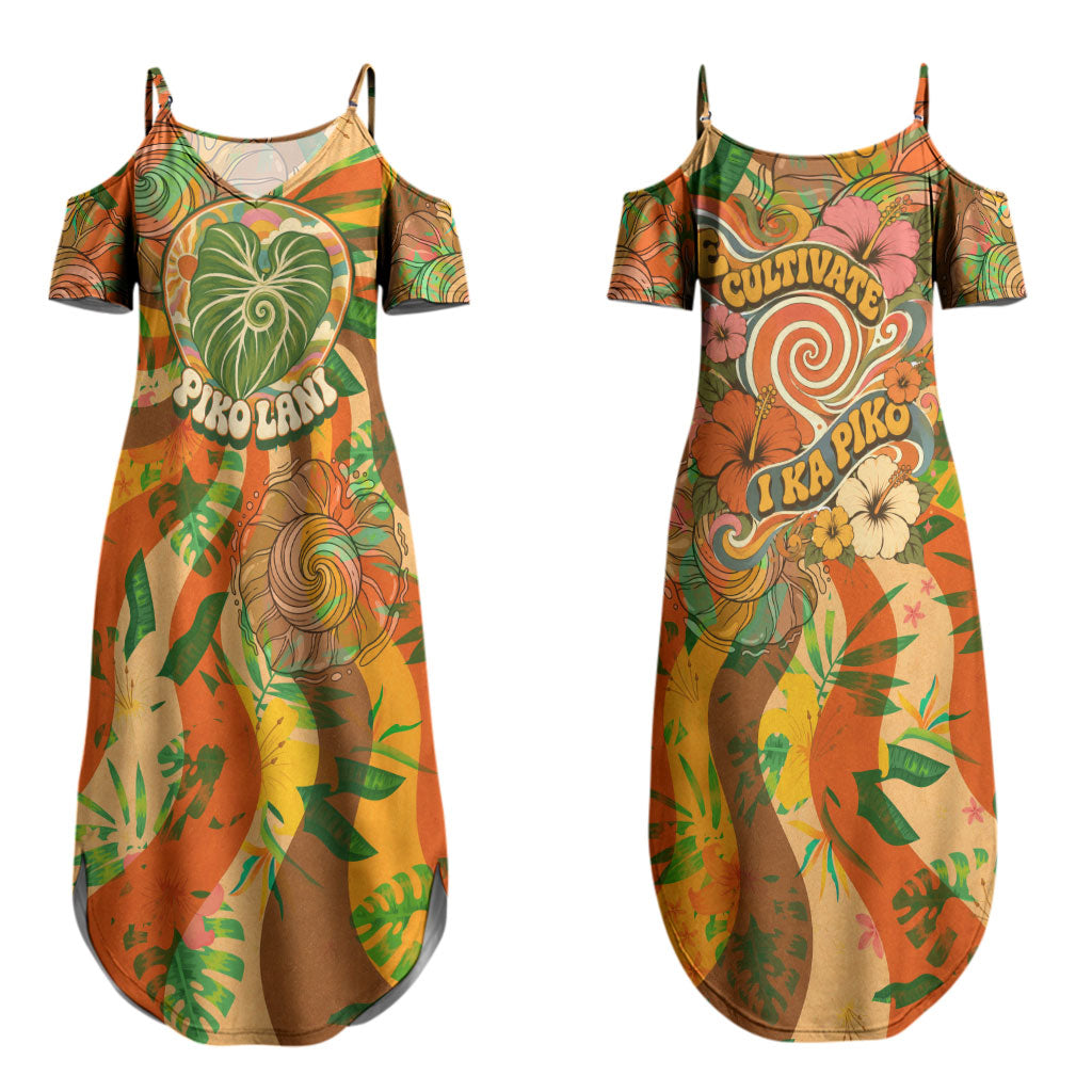 Hawaiian Piko Lani Cultivate I Ka Piko Aloha Couples Matching Summer Maxi Dress and Long Sleeve Button Shirt Retro Psychedelic Taro Leaf - Hibiscus Flowers