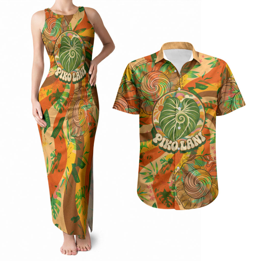 Hawaiian Piko Lani Cultivate I Ka Piko Aloha Couples Matching Tank Maxi Dress and Hawaiian Shirt Retro Psychedelic Taro Leaf - Hibiscus Flowers TS04 Orange Green - Polynesian Pride