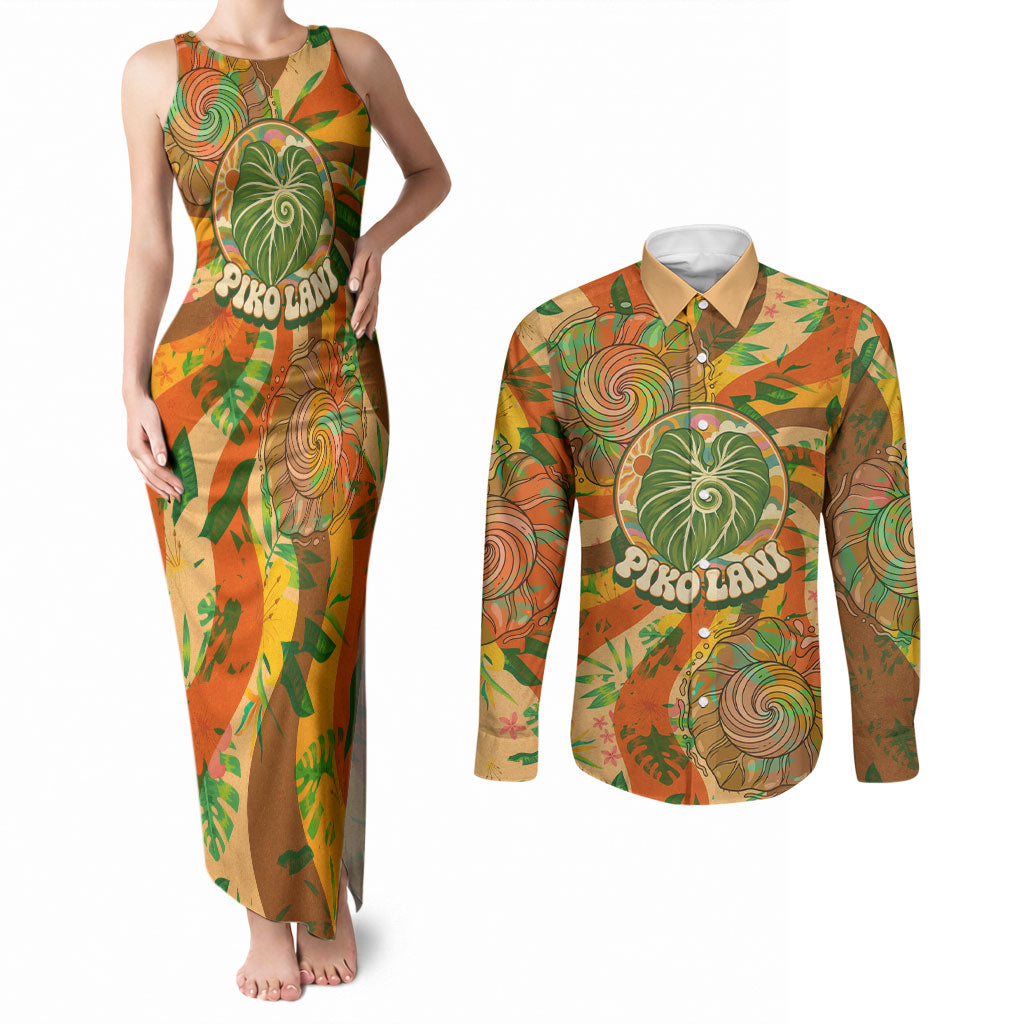 Hawaiian Piko Lani Cultivate I Ka Piko Aloha Couples Matching Tank Maxi Dress and Long Sleeve Button Shirt Retro Psychedelic Taro Leaf - Hibiscus Flowers