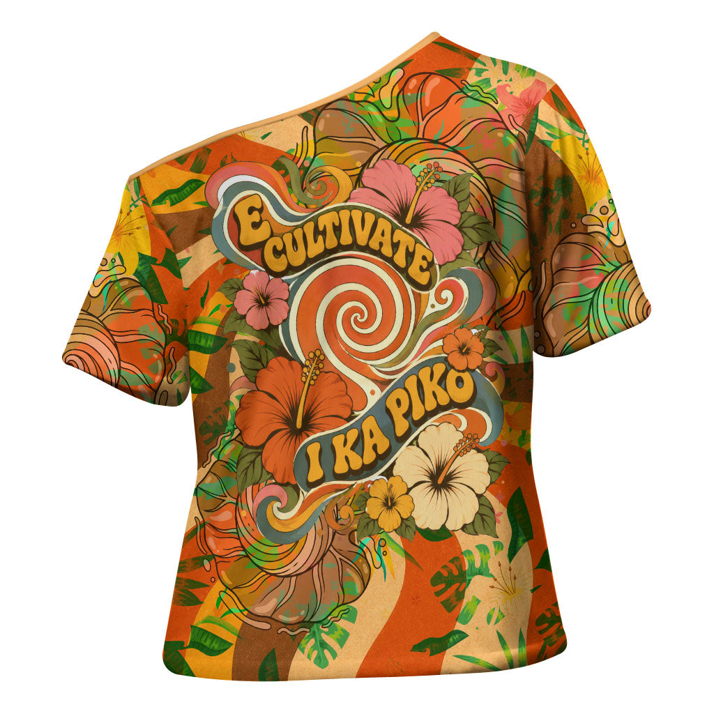 Hawaiian Piko Lani Cultivate I Ka Piko Aloha Cross Shoulder Shirt Retro Psychedelic Taro Leaf - Hibiscus Flowers