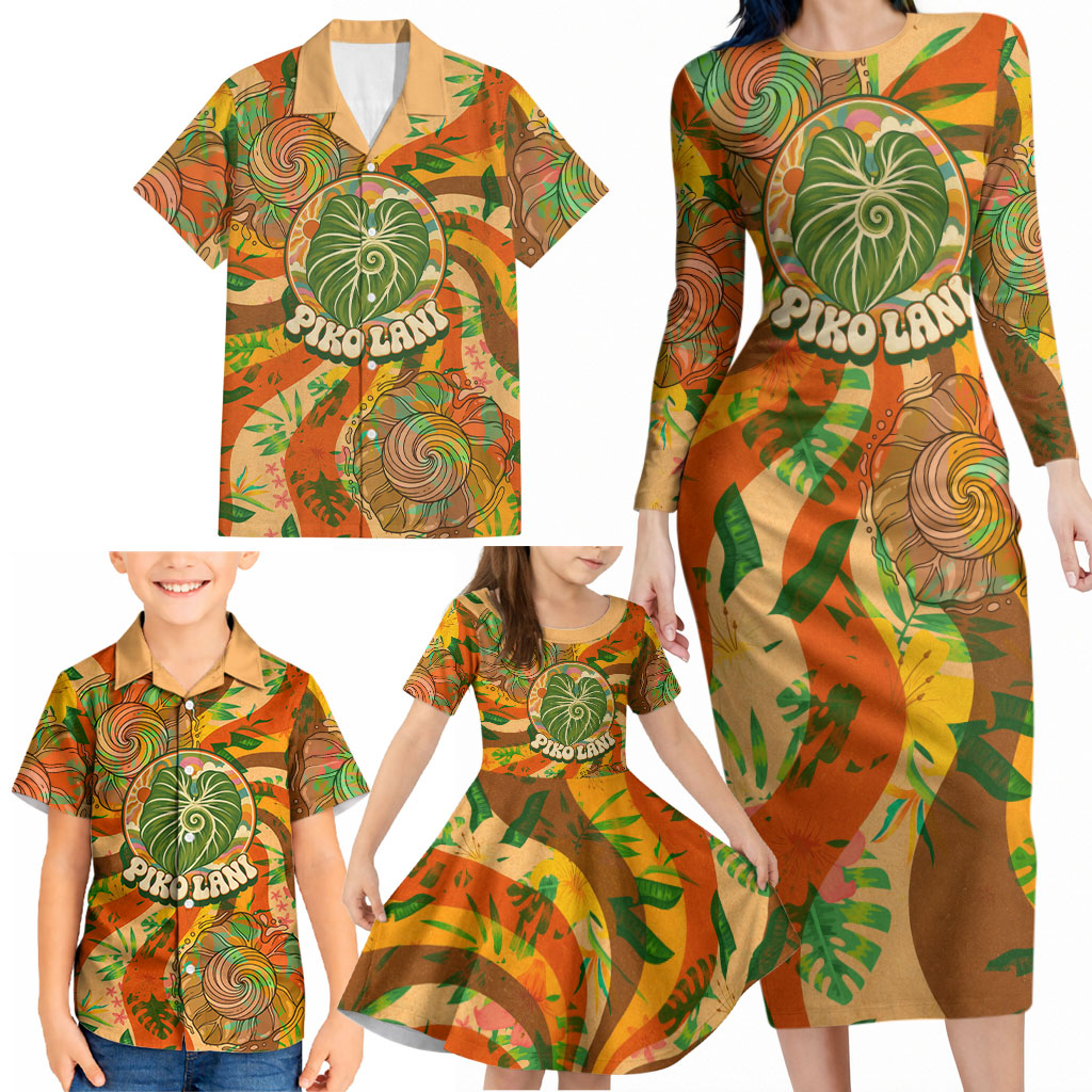 Hawaiian Piko Lani Cultivate I Ka Piko Aloha Family Matching Long Sleeve Bodycon Dress and Hawaiian Shirt Retro Psychedelic Taro Leaf - Hibiscus Flowers