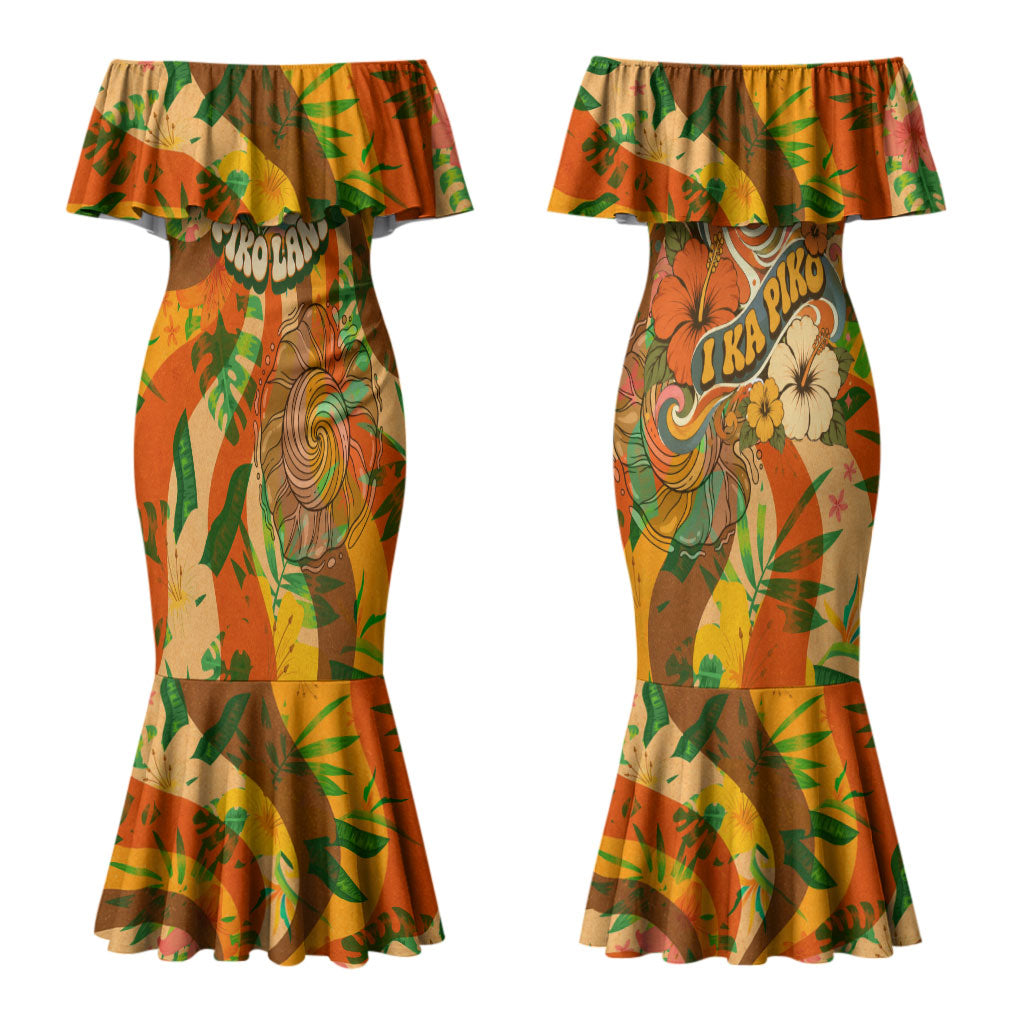 Hawaiian Piko Lani Cultivate I Ka Piko Aloha Family Matching Mermaid Dress and Hawaiian Shirt Retro Psychedelic Taro Leaf - Hibiscus Flowers