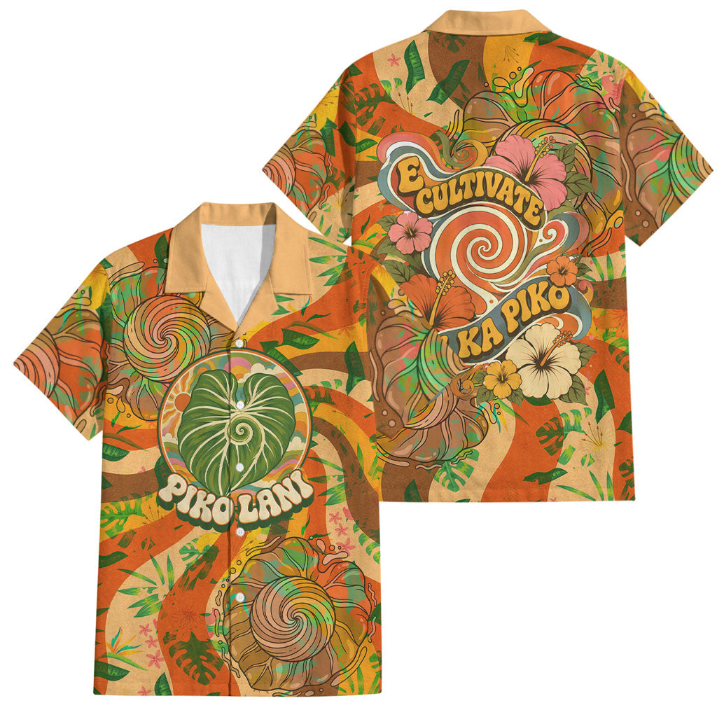 Hawaiian Piko Lani Cultivate I Ka Piko Aloha Family Matching Off The Shoulder Long Sleeve Dress and Hawaiian Shirt Retro Psychedelic Taro Leaf - Hibiscus Flowers