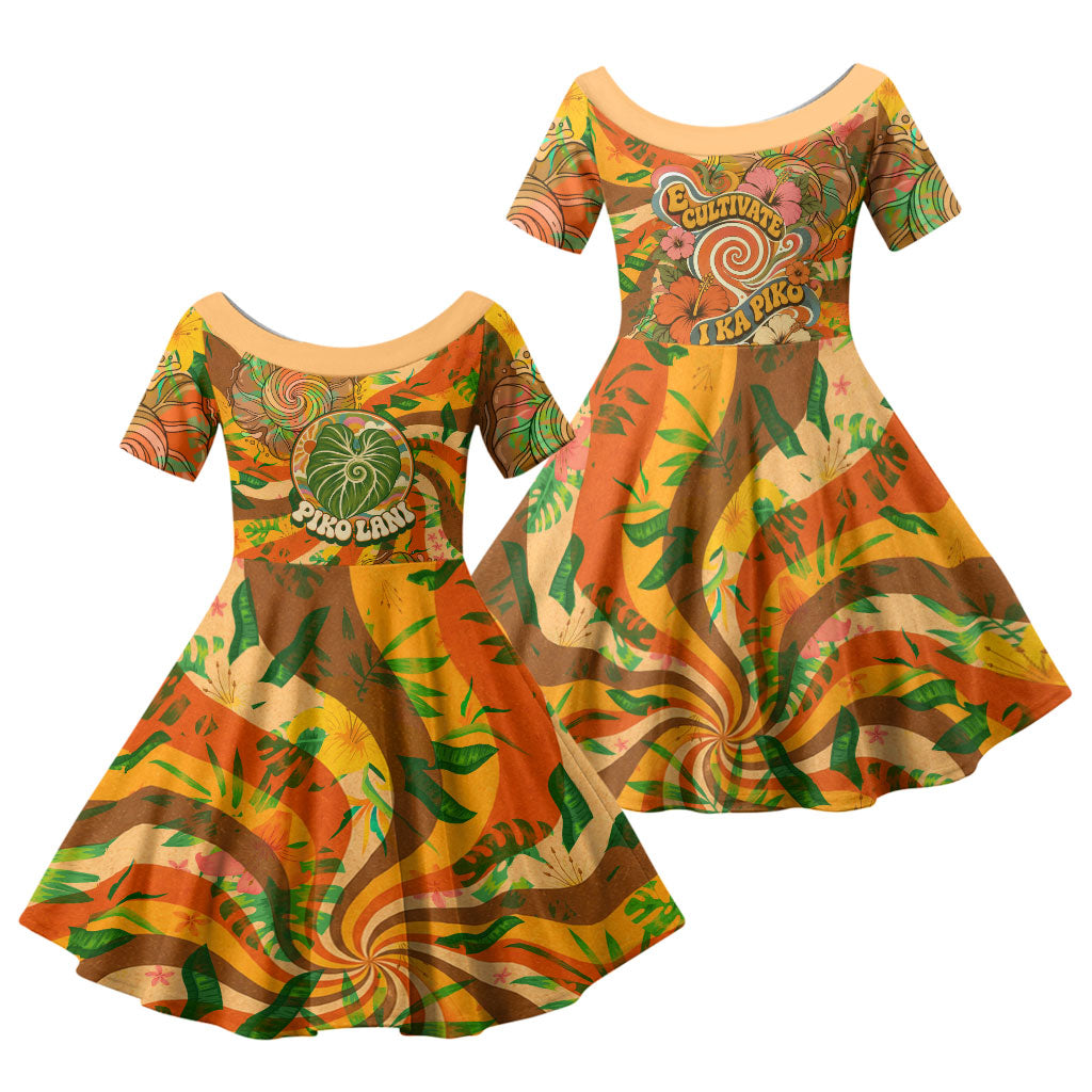 Hawaiian Piko Lani Cultivate I Ka Piko Aloha Family Matching Off The Shoulder Long Sleeve Dress and Hawaiian Shirt Retro Psychedelic Taro Leaf - Hibiscus Flowers