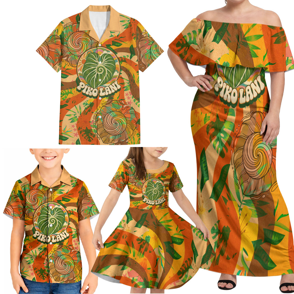 Hawaiian Piko Lani Cultivate I Ka Piko Aloha Family Matching Off Shoulder Maxi Dress and Hawaiian Shirt Retro Psychedelic Taro Leaf - Hibiscus Flowers