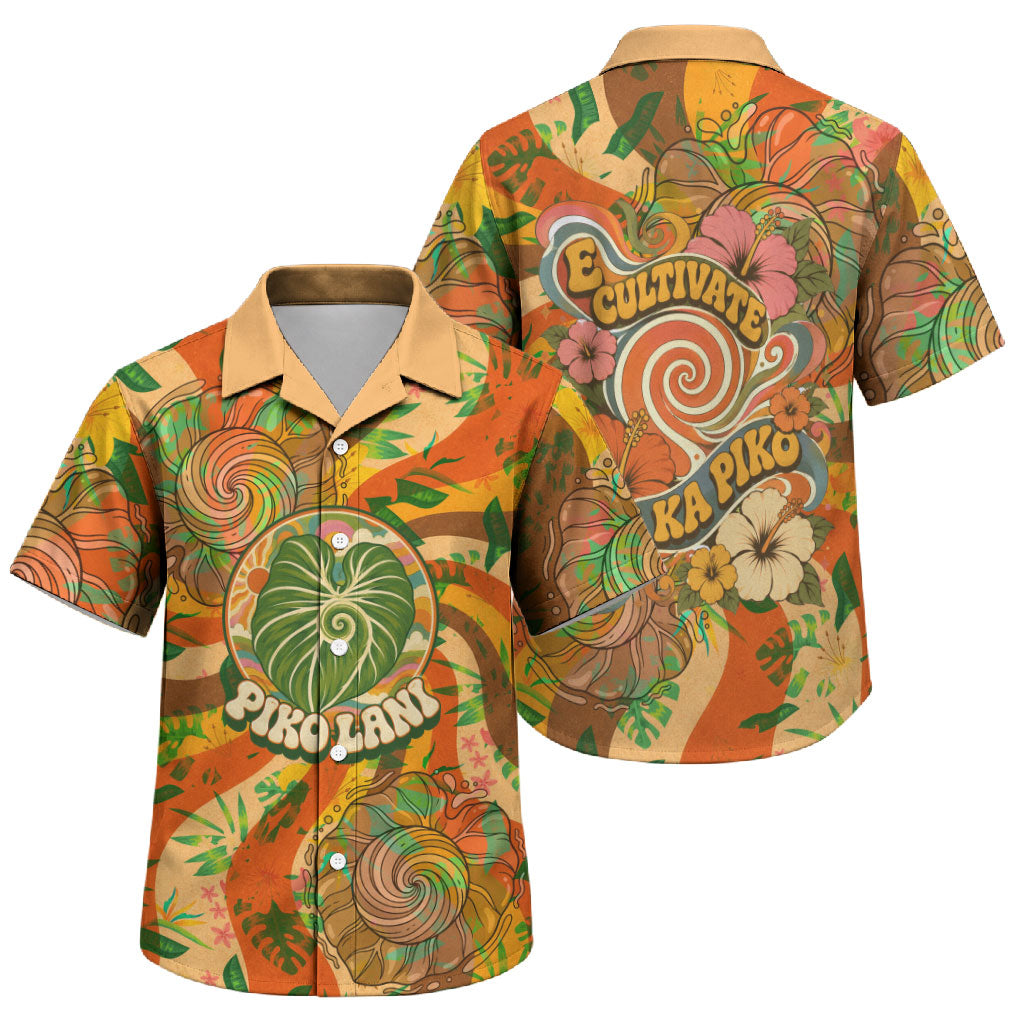 Hawaiian Piko Lani Cultivate I Ka Piko Aloha Family Matching Off Shoulder Maxi Dress and Hawaiian Shirt Retro Psychedelic Taro Leaf - Hibiscus Flowers