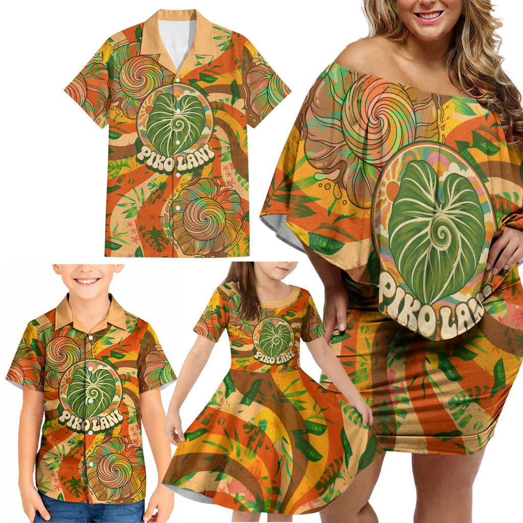 Hawaiian Piko Lani Cultivate I Ka Piko Aloha Family Matching Off Shoulder Short Dress and Hawaiian Shirt Retro Psychedelic Taro Leaf - Hibiscus Flowers TS04 - Polynesian Pride
