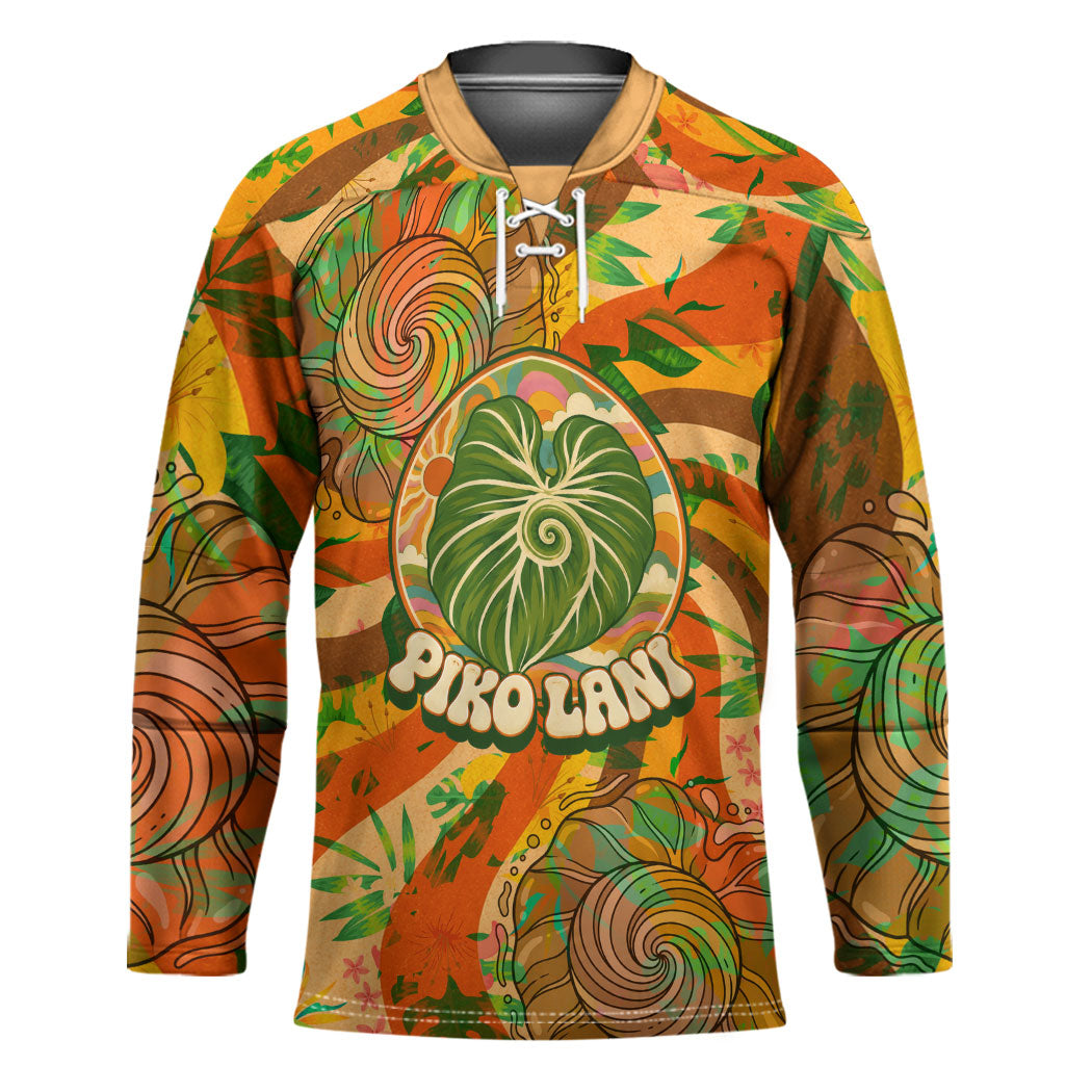 Hawaiian Piko Lani Cultivate I Ka Piko Aloha Hockey Jersey Retro Psychedelic Taro Leaf - Hibiscus Flowers