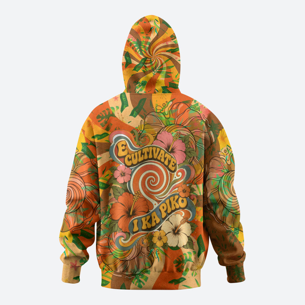 Hawaiian Piko Lani Cultivate I Ka Piko Aloha Hoodie Retro Psychedelic Taro Leaf - Hibiscus Flowers