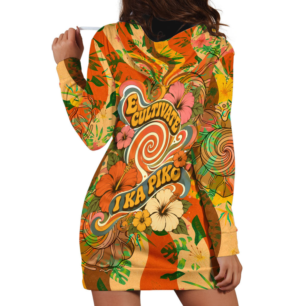 Hawaiian Piko Lani Cultivate I Ka Piko Aloha Hoodie Dress Retro Psychedelic Taro Leaf - Hibiscus Flowers