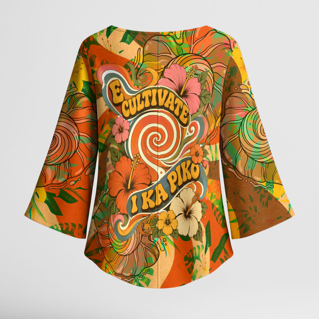 Hawaiian Piko Lani Cultivate I Ka Piko Aloha Kimono Sleeve Blouse Retro Psychedelic Taro Leaf - Hibiscus Flowers