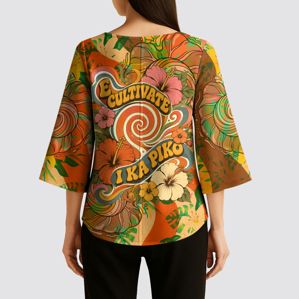 Hawaiian Piko Lani Cultivate I Ka Piko Aloha Kimono Sleeve Blouse Retro Psychedelic Taro Leaf - Hibiscus Flowers