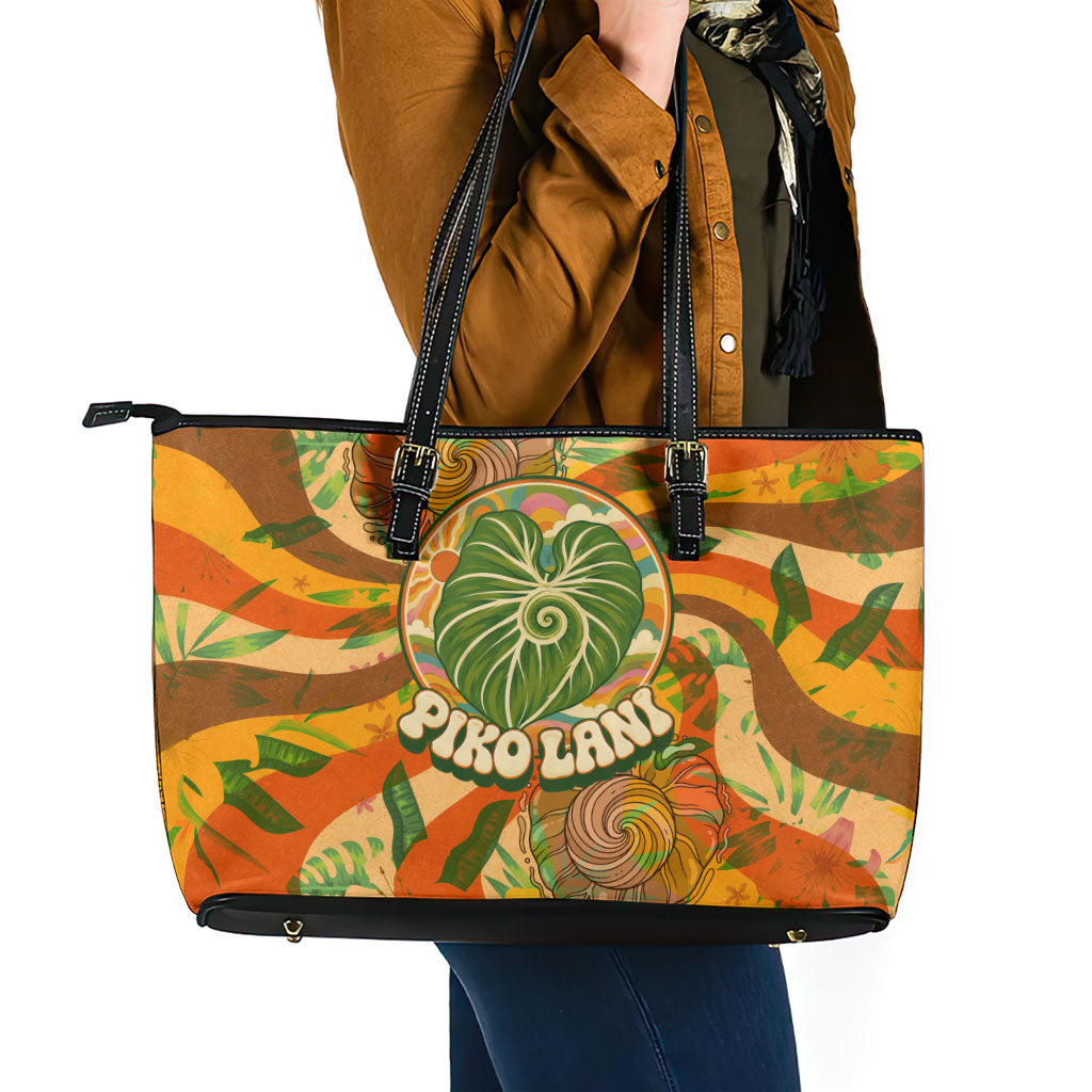 Hawaiian Piko Lani Cultivate I Ka Piko Aloha Leather Tote Bag Retro Psychedelic Taro Leaf - Hibiscus Flowers