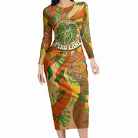Hawaiian Piko Lani Cultivate I Ka Piko Aloha Long Sleeve Bodycon Dress Retro Psychedelic Taro Leaf - Hibiscus Flowers