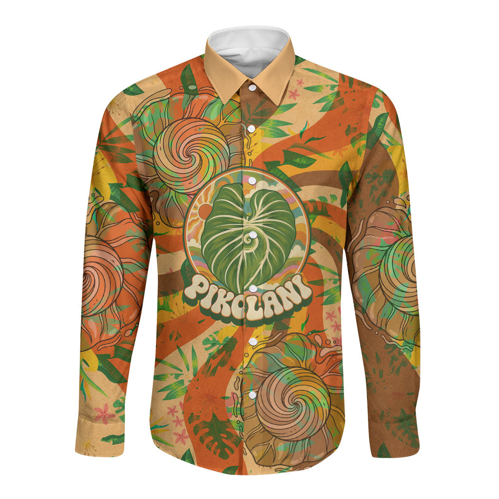 Hawaiian Piko Lani Cultivate I Ka Piko Aloha Long Sleeve Button Shirt Retro Psychedelic Taro Leaf - Hibiscus Flowers TS04 Unisex Orange Green - Polynesian Pride