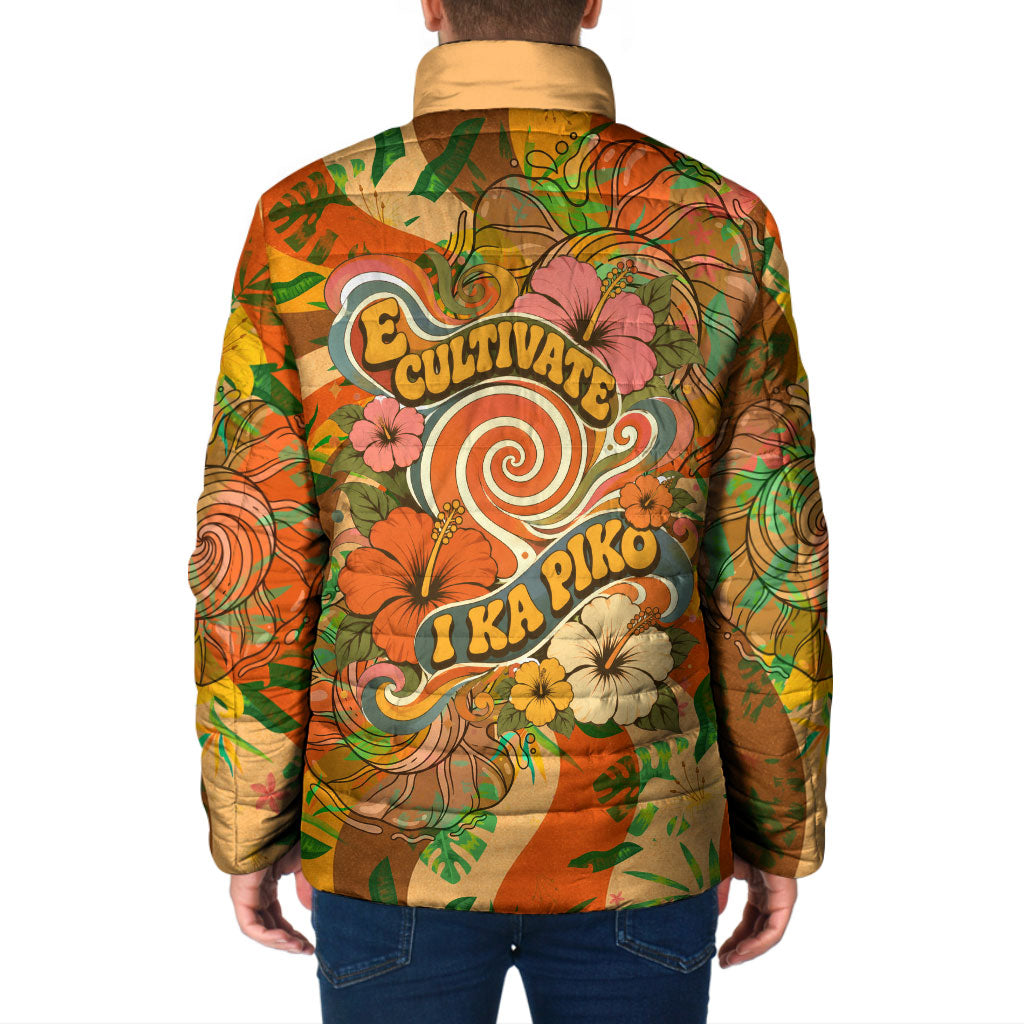 Hawaiian Piko Lani Cultivate I Ka Piko Aloha Padded Jacket Retro Psychedelic Taro Leaf - Hibiscus Flowers