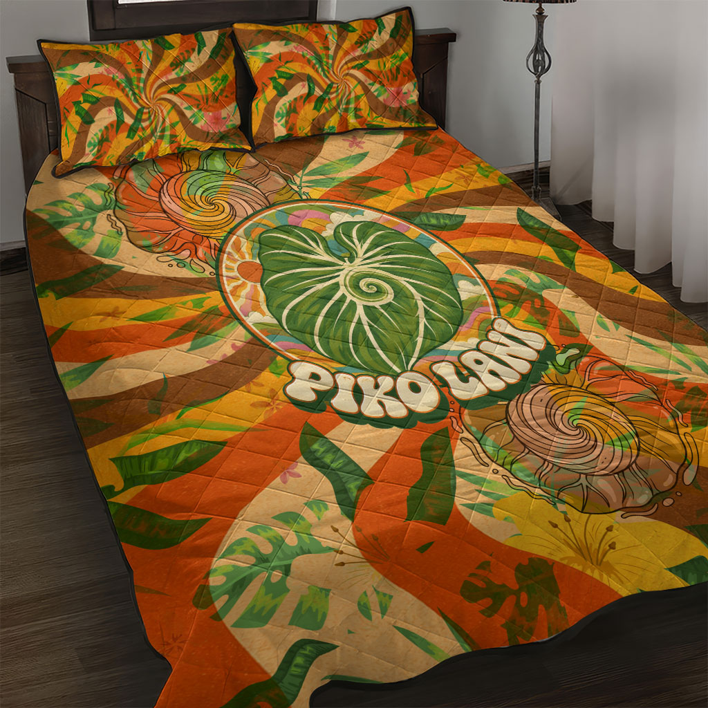 Hawaiian Piko Lani Cultivate I Ka Piko Aloha Quilt Bed Set Retro Psychedelic Taro Leaf - Hibiscus Flowers