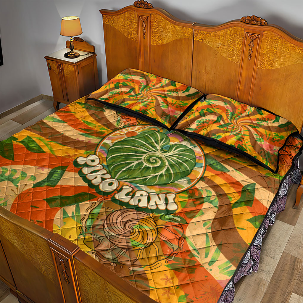 Hawaiian Piko Lani Cultivate I Ka Piko Aloha Quilt Bed Set Retro Psychedelic Taro Leaf - Hibiscus Flowers