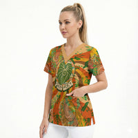Hawaiian Piko Lani Cultivate I Ka Piko Aloha Scrub Top Retro Psychedelic Taro Leaf - Hibiscus Flowers