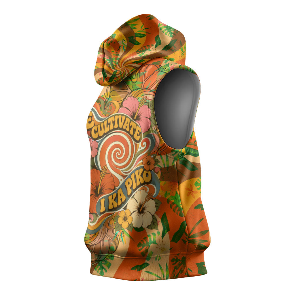 Hawaiian Piko Lani Cultivate I Ka Piko Aloha Sleeveless Hoodie Retro Psychedelic Taro Leaf - Hibiscus Flowers
