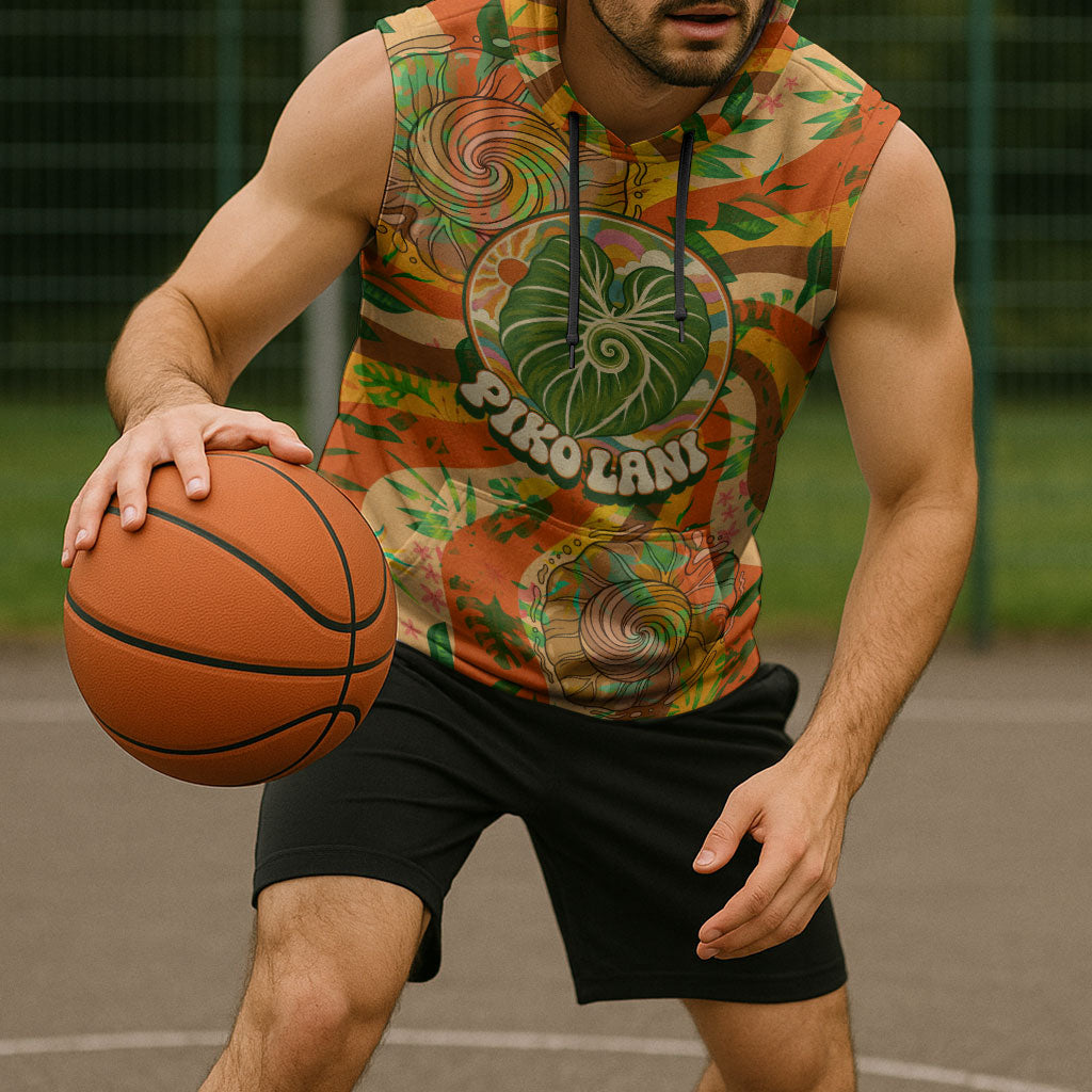 Hawaiian Piko Lani Cultivate I Ka Piko Aloha Sleeveless Hoodie Retro Psychedelic Taro Leaf - Hibiscus Flowers