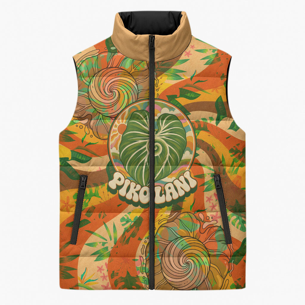 Hawaiian Piko Lani Cultivate I Ka Piko Aloha Sleeveless Puffer Jacket Retro Psychedelic Taro Leaf - Hibiscus Flowers