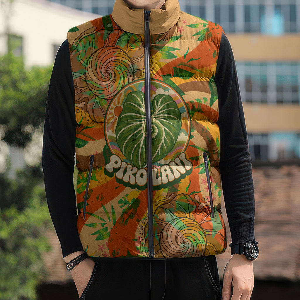 Hawaiian Piko Lani Cultivate I Ka Piko Aloha Sleeveless Puffer Jacket Retro Psychedelic Taro Leaf - Hibiscus Flowers