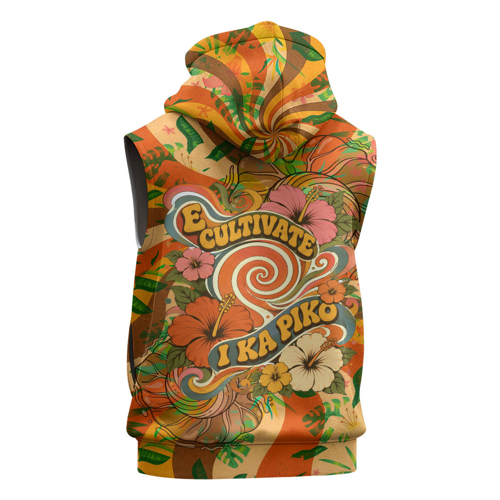 Hawaiian Piko Lani Cultivate I Ka Piko Aloha Sleeveless Zip Hoodie Retro Psychedelic Taro Leaf - Hibiscus Flowers