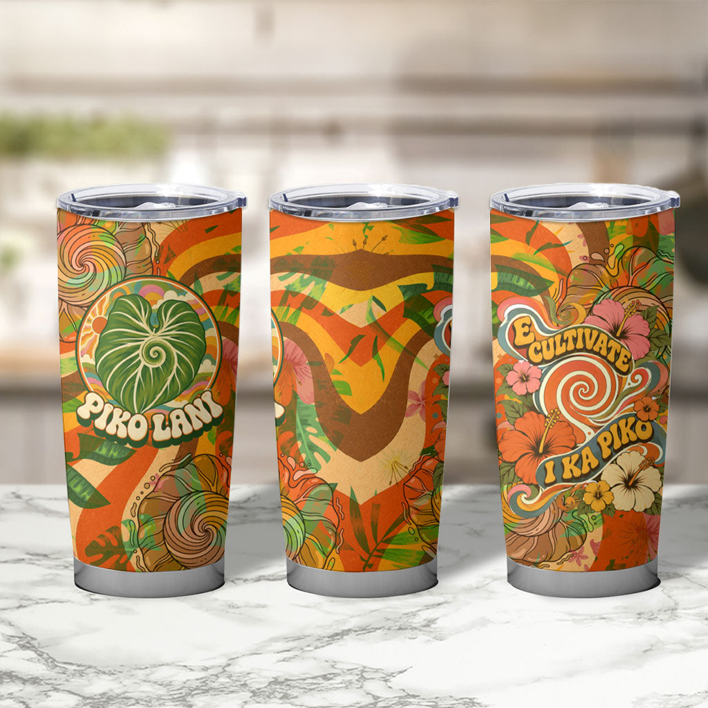 Hawaiian Piko Lani Cultivate I Ka Piko Aloha Tumbler Cup Retro Psychedelic Taro Leaf - Hibiscus Flowers