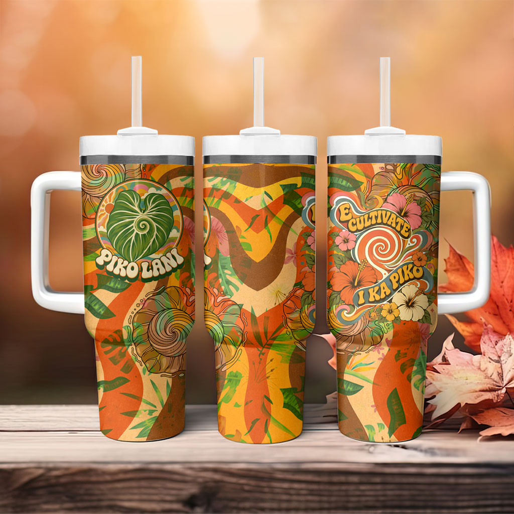 Hawaiian Piko Lani Cultivate I Ka Piko Aloha Tumbler With Handle Retro Psychedelic Taro Leaf - Hibiscus Flowers
