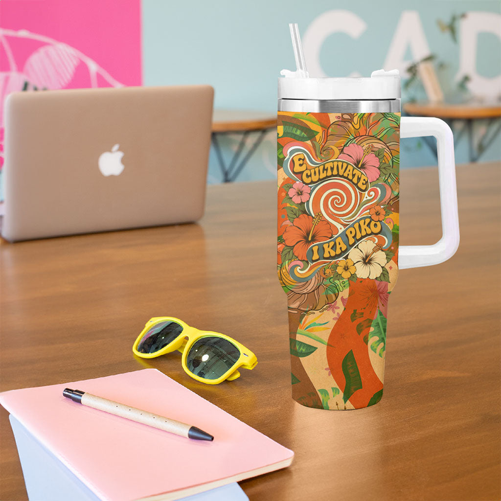 Hawaiian Piko Lani Cultivate I Ka Piko Aloha Tumbler With Handle Retro Psychedelic Taro Leaf - Hibiscus Flowers