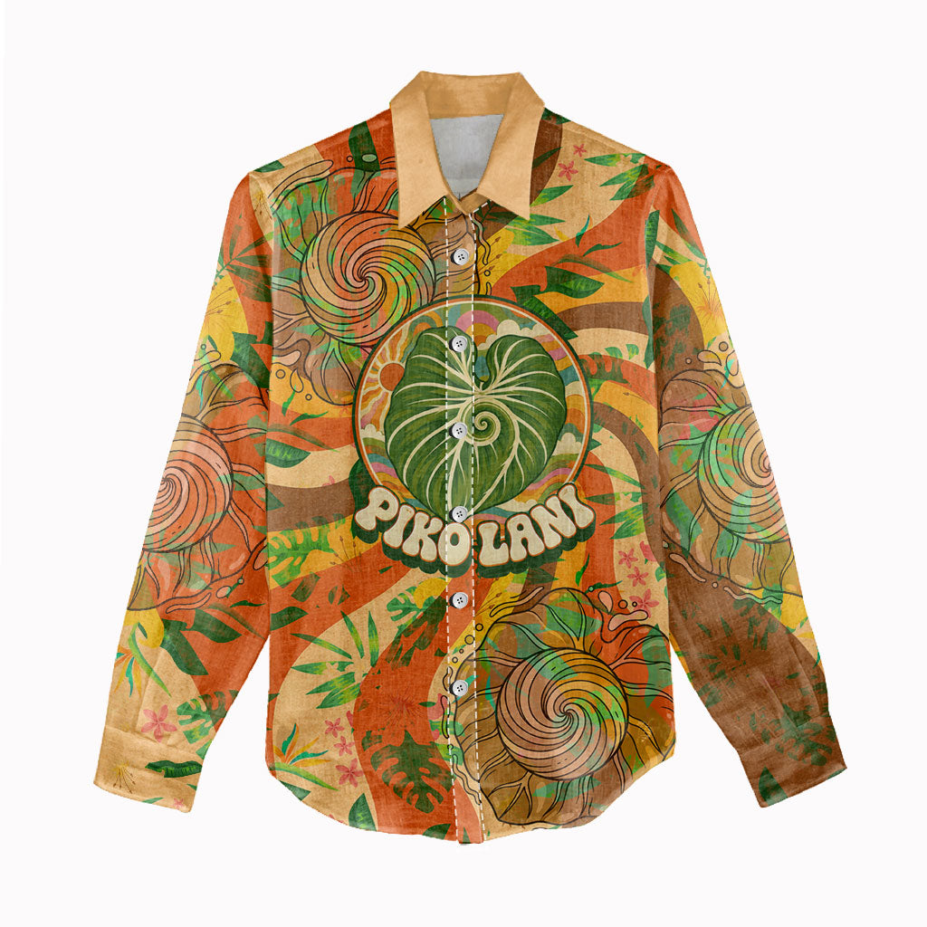 Hawaiian Piko Lani Cultivate I Ka Piko Aloha Women Casual Shirt Retro Psychedelic Taro Leaf - Hibiscus Flowers