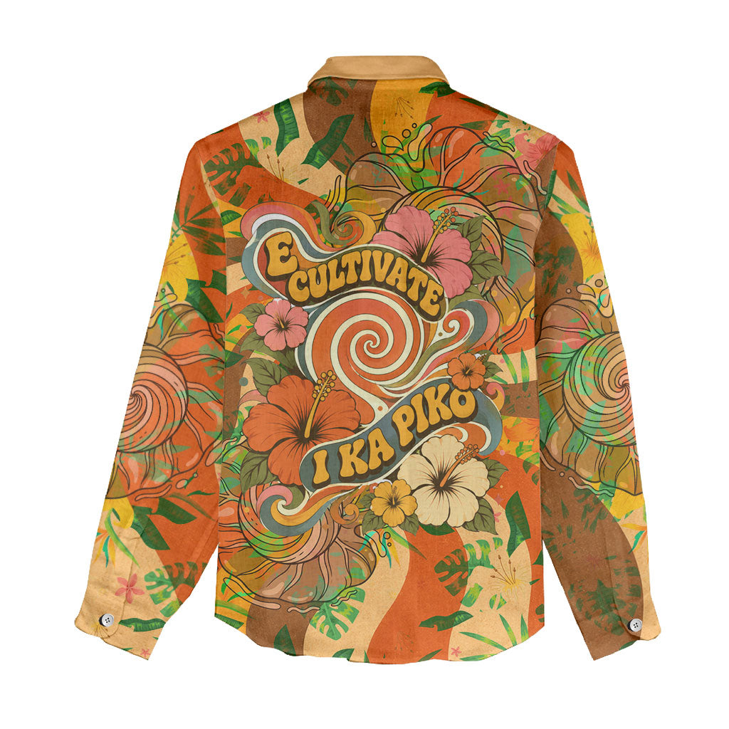 Hawaiian Piko Lani Cultivate I Ka Piko Aloha Women Casual Shirt Retro Psychedelic Taro Leaf - Hibiscus Flowers