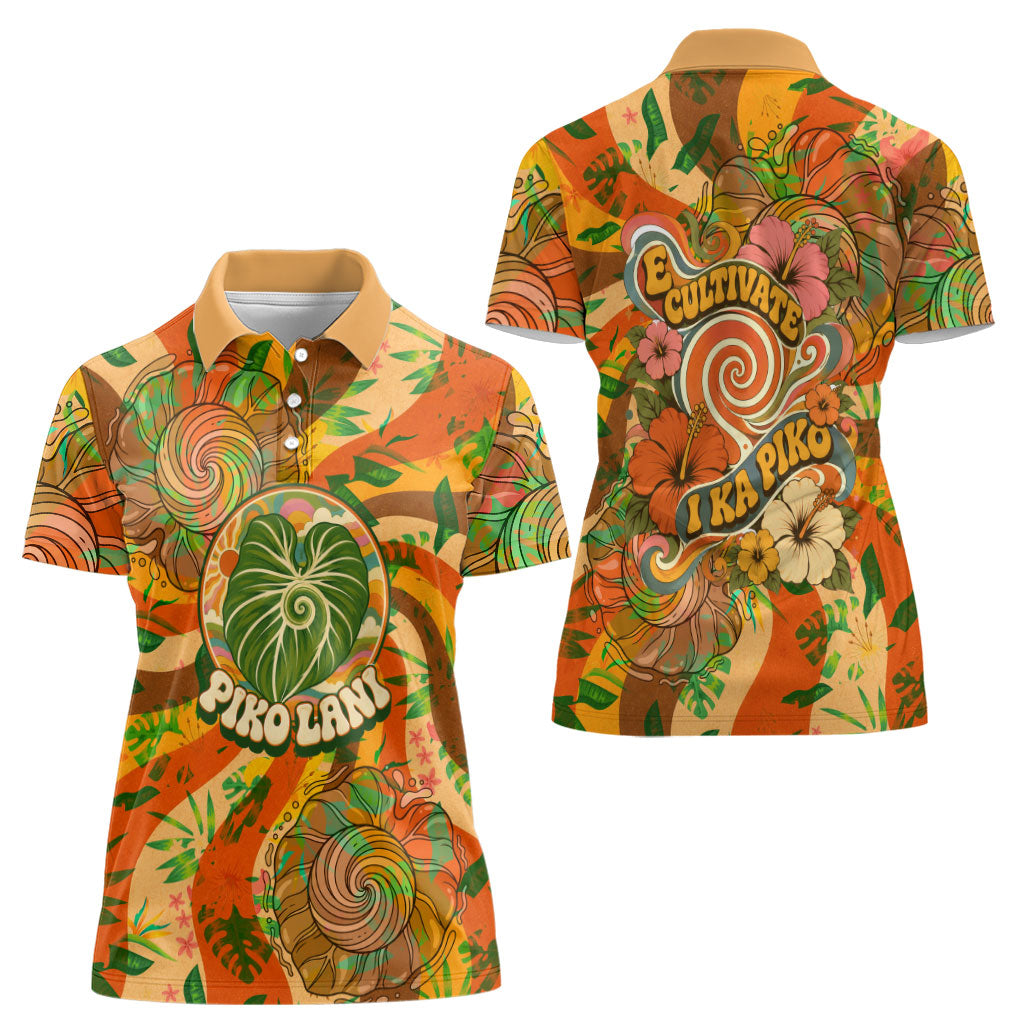 Hawaiian Piko Lani Cultivate I Ka Piko Aloha Women Polo Shirt Retro Psychedelic Taro Leaf - Hibiscus Flowers