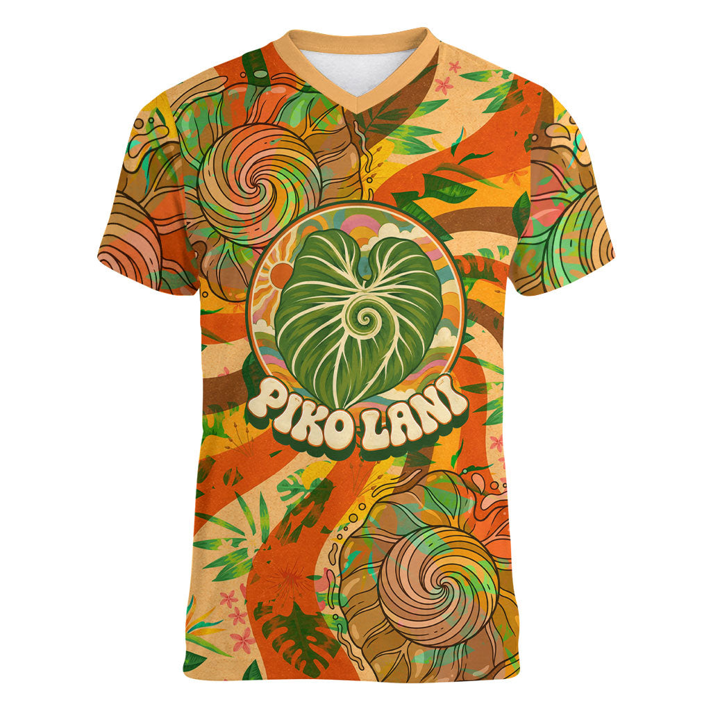 Hawaiian Piko Lani Cultivate I Ka Piko Aloha Women V-Neck T-Shirt Retro Psychedelic Taro Leaf - Hibiscus Flowers