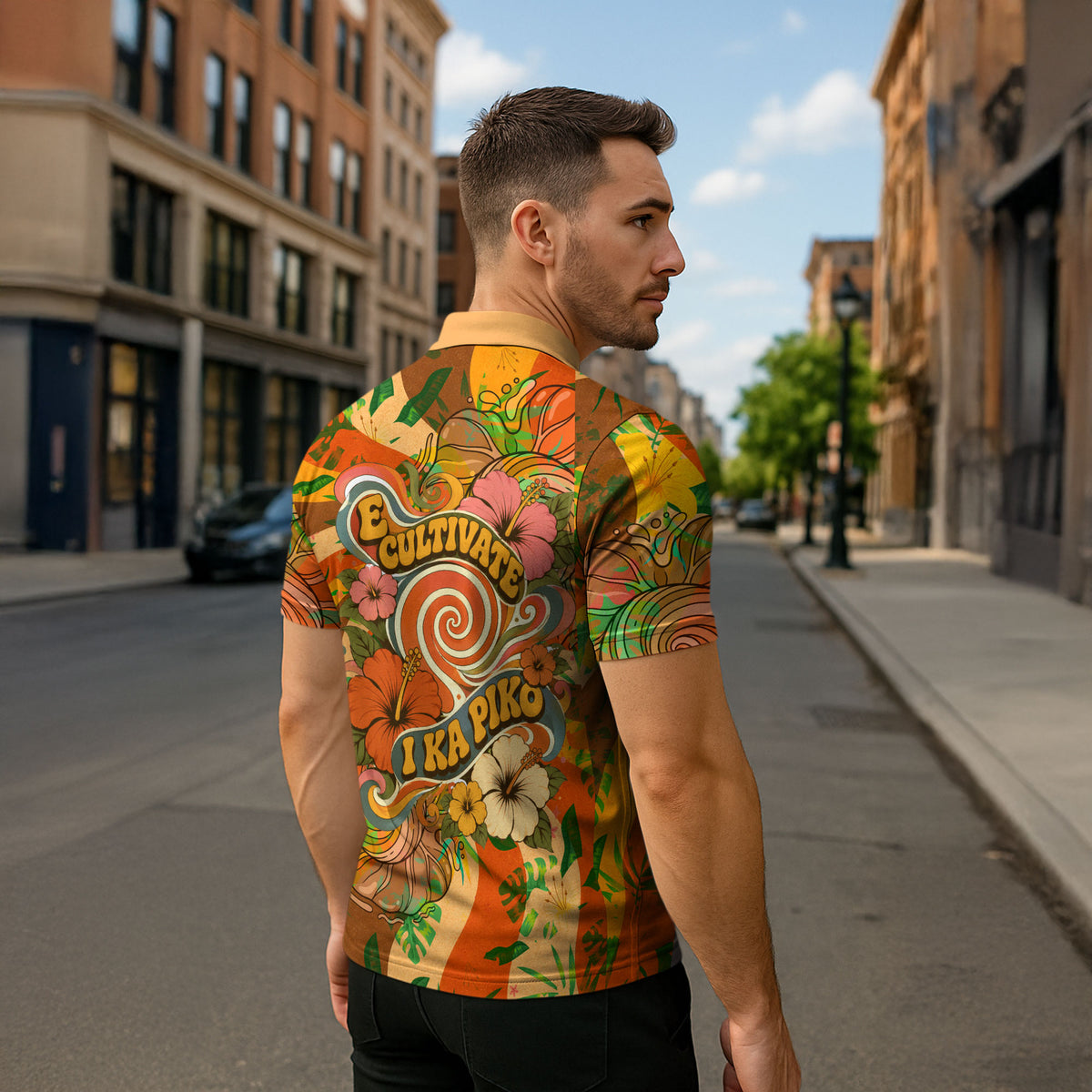 Hawaiian Piko Lani Cultivate I Ka Piko Aloha Zipper Polo Shirt Retro Psychedelic Taro Leaf - Hibiscus Flowers
