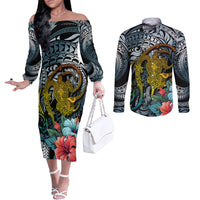 Hawaii Turtle Couples Matching Off The Shoulder Long Sleeve Dress and Long Sleeve Button Shirts Hawaii Pattern and Turtle Tattoo Dark Cyan Gradient TS04 Gradient - Polynesian Pride