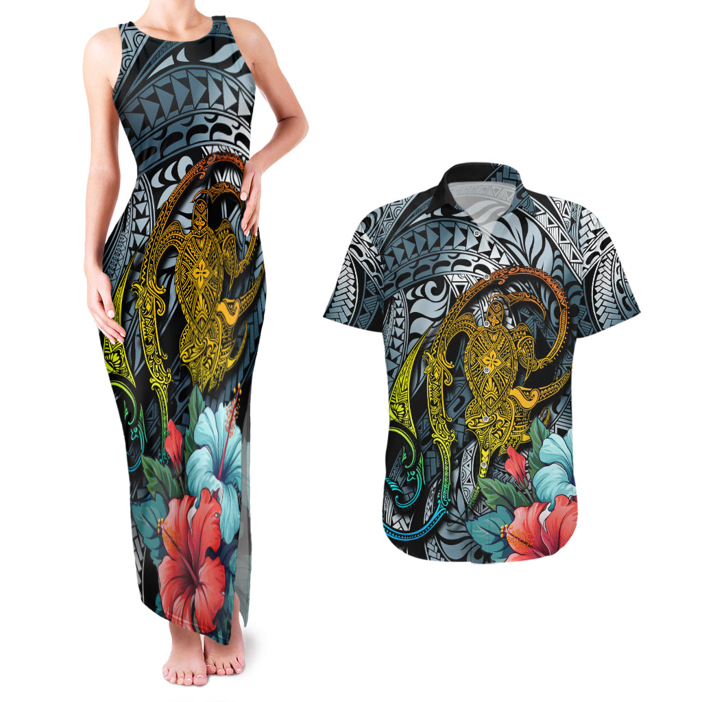 Hawaii Turtle Couples Matching Tank Maxi Dress and Hawaiian Shirt Hawaii Pattern and Turtle Tattoo Dark Cyan Gradient TS04 Gradient - Polynesian Pride