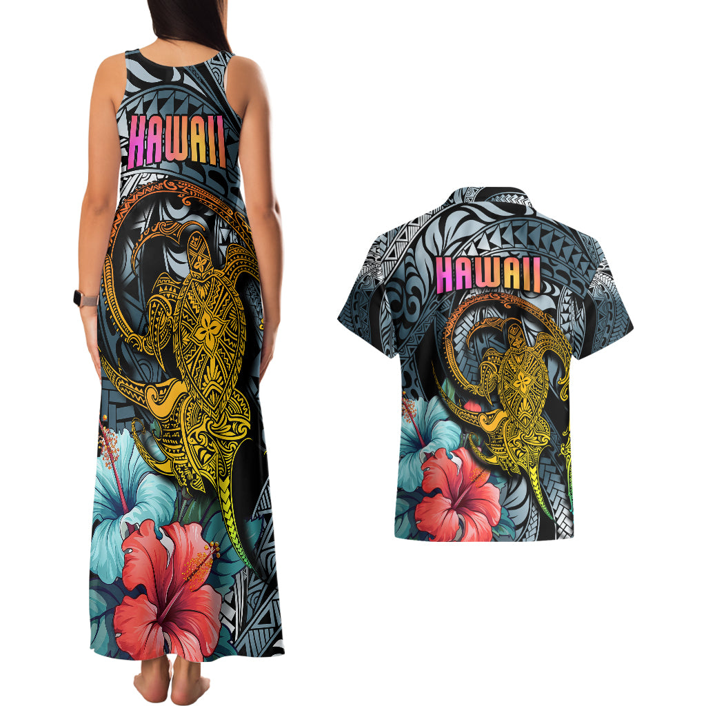 Hawaii Turtle Couples Matching Tank Maxi Dress and Hawaiian Shirt Hawaii Pattern and Turtle Tattoo Dark Cyan Gradient TS04 - Polynesian Pride